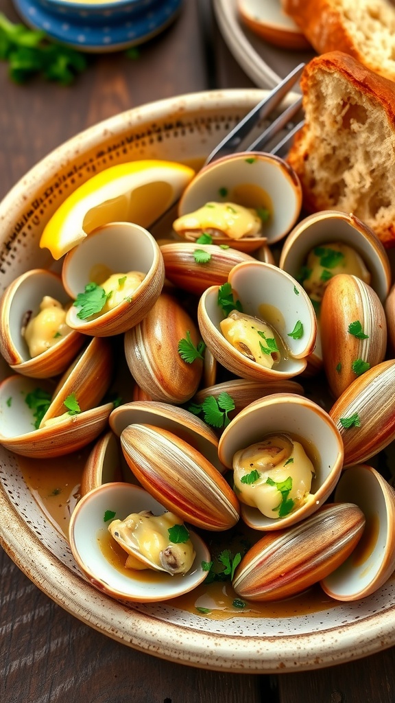 Garlic butter clams in a bowl, garnished with parsley and lemon, served with bread.